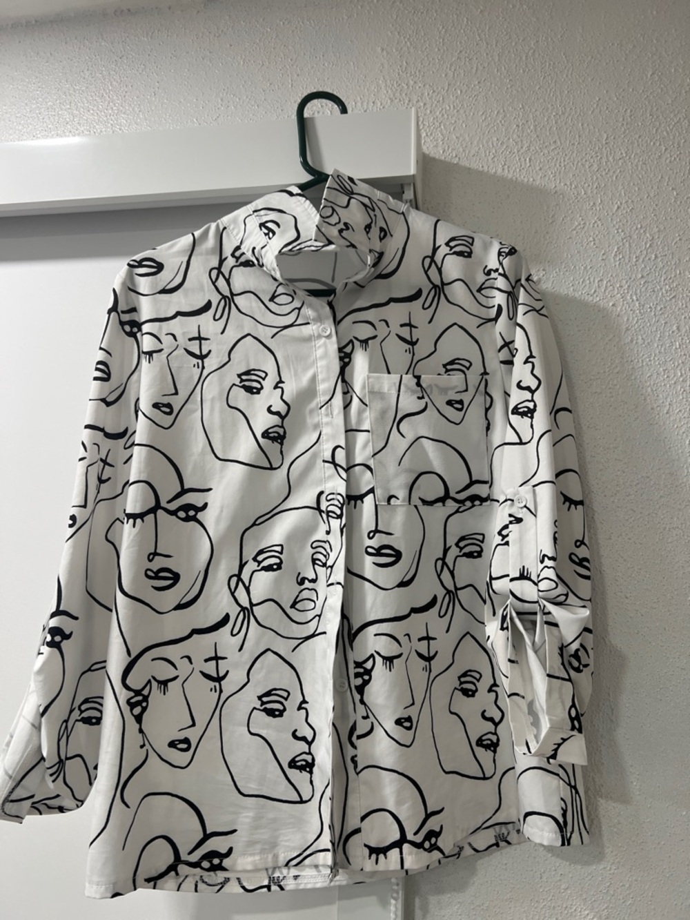 SHEIN White Button-Up Blouse with Black Abstract Face Print